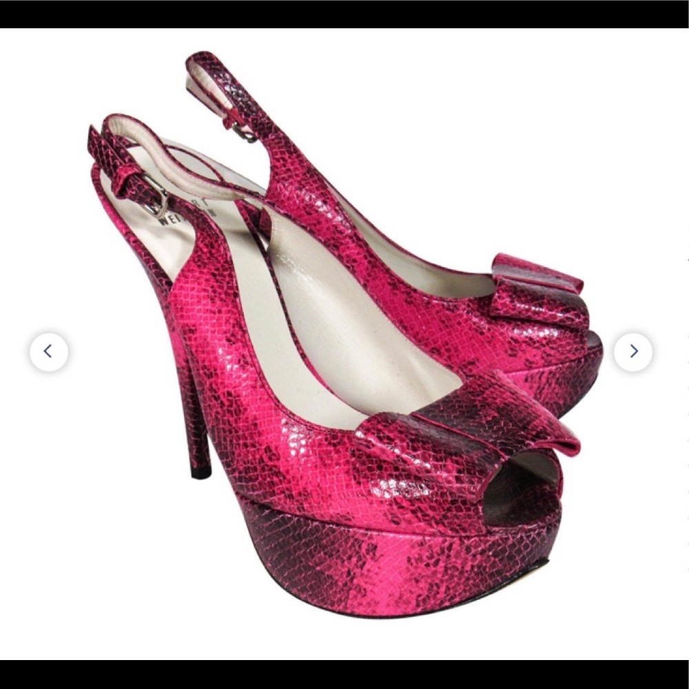 Stuart Weitzman Fuschia Snakeskin Platform Open Toe Heels With Bow EUC!